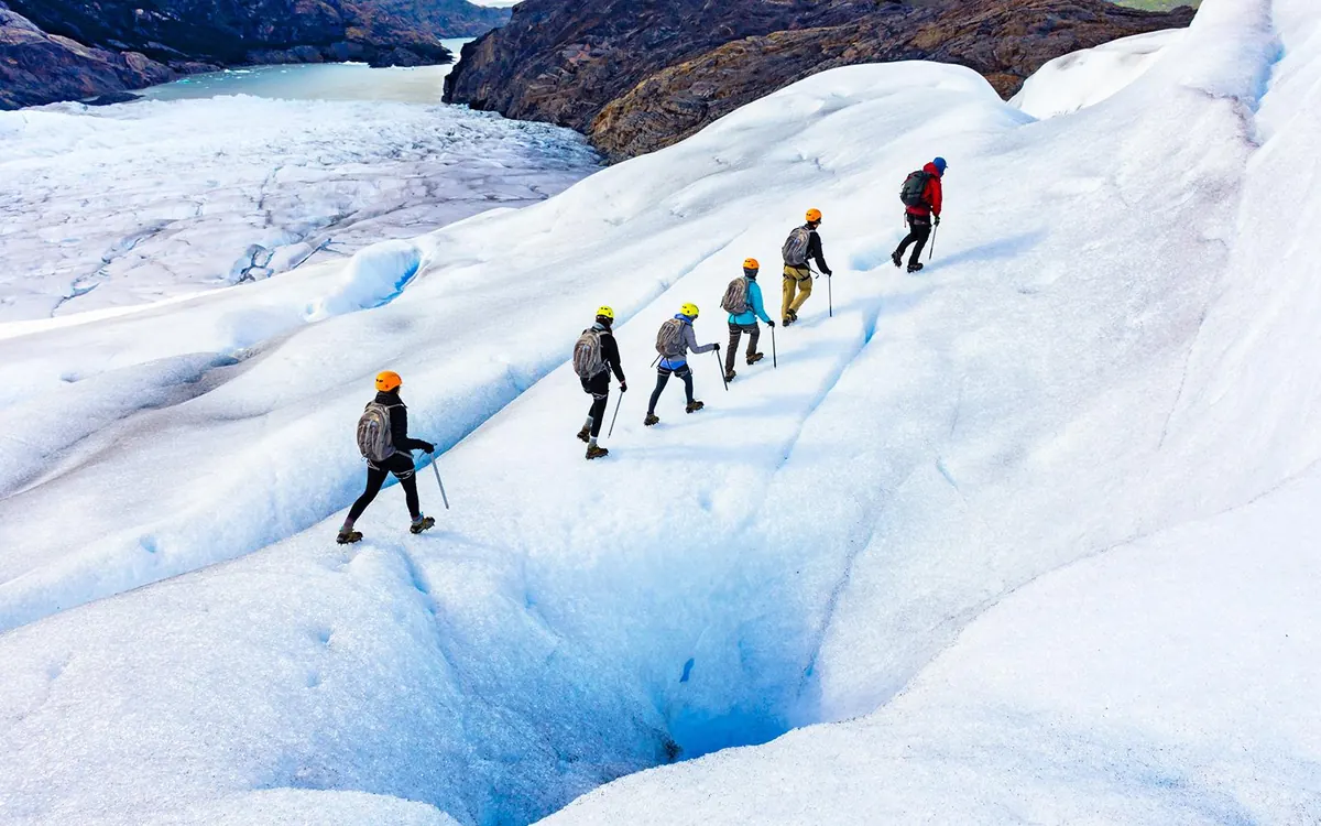Two hikers roped together on Vatnajokull glacier above Skaftafell, Iceland