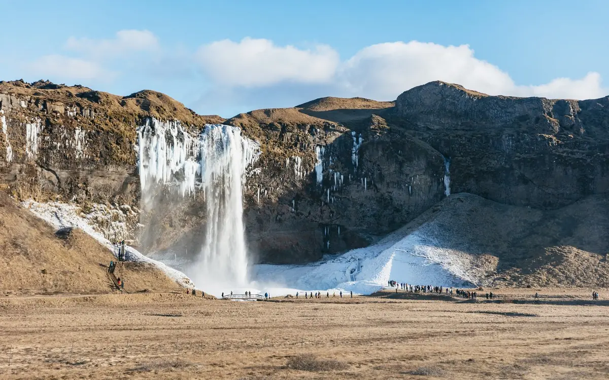 Skogafoss waterfall on the south coast of Iceland in winter