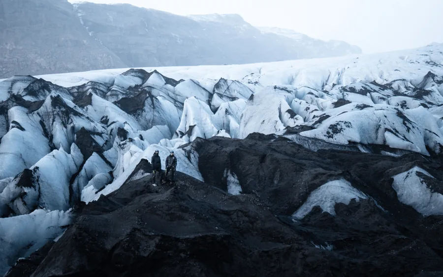 The grey ash-streaked tongue of Solheimajokull glacier in south Iceland