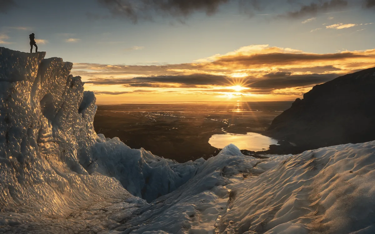 Low sun over a glacier ridge in Iceland